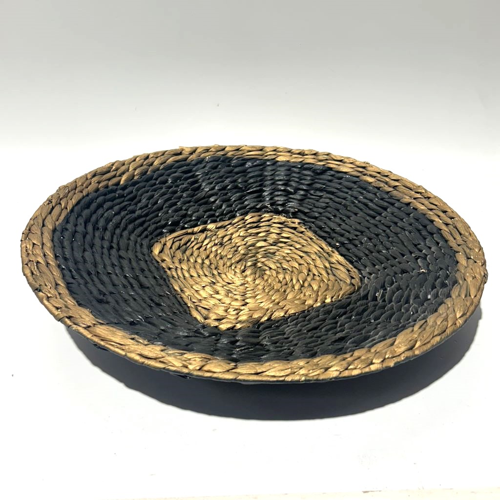 BASKET, Shallow Round Woven Bowl - BLACK RING 60cmD